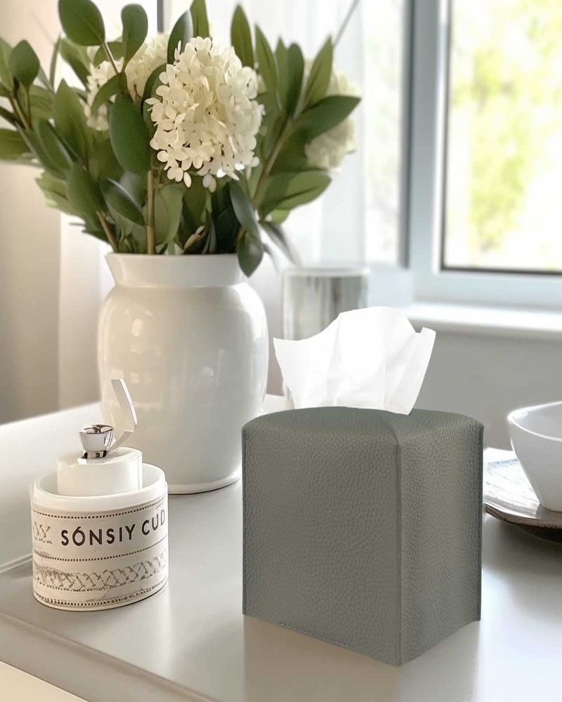 JESMINI Tissue Box Cover Tissue Holder - Square Leather Tissue Cover Box with Bottom Belt [JESMINI  Dark Grey] Decorative Tissue Box Holder for Bathroom/Night Stands/Office - Image 3